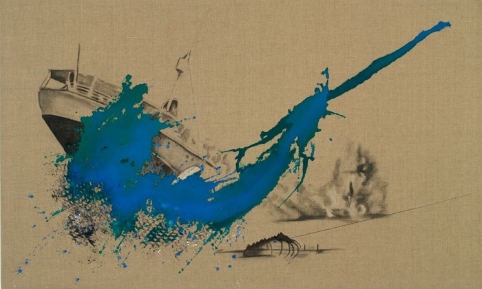 “Poaching,” Acrylic & bleach on linen, 36″x60″, 2009.