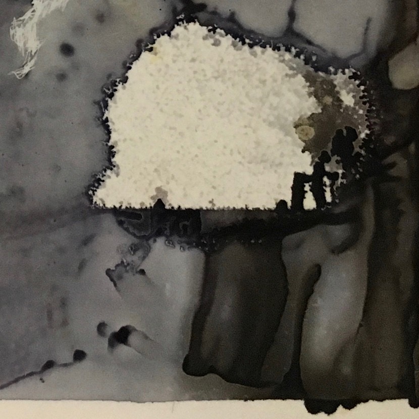 Photo Monoprint. Styrofoam found on in rocks on shoreline of Governor’s Island. Inks bleeding through surface tension, crossing borderlines and boundaries.