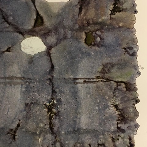 Photo Monoprint. Styrofoam found on shoreline of Governor’s Island. Inks bleeding through surface tension, crossing borderlines and boundaries.