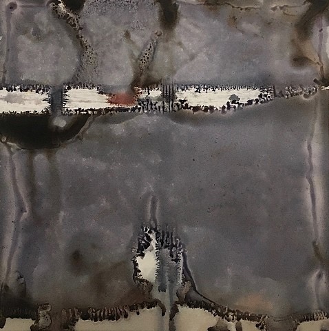 Photographic Monoprint. "No Crossing" sign caught in the rocks on shoreline.