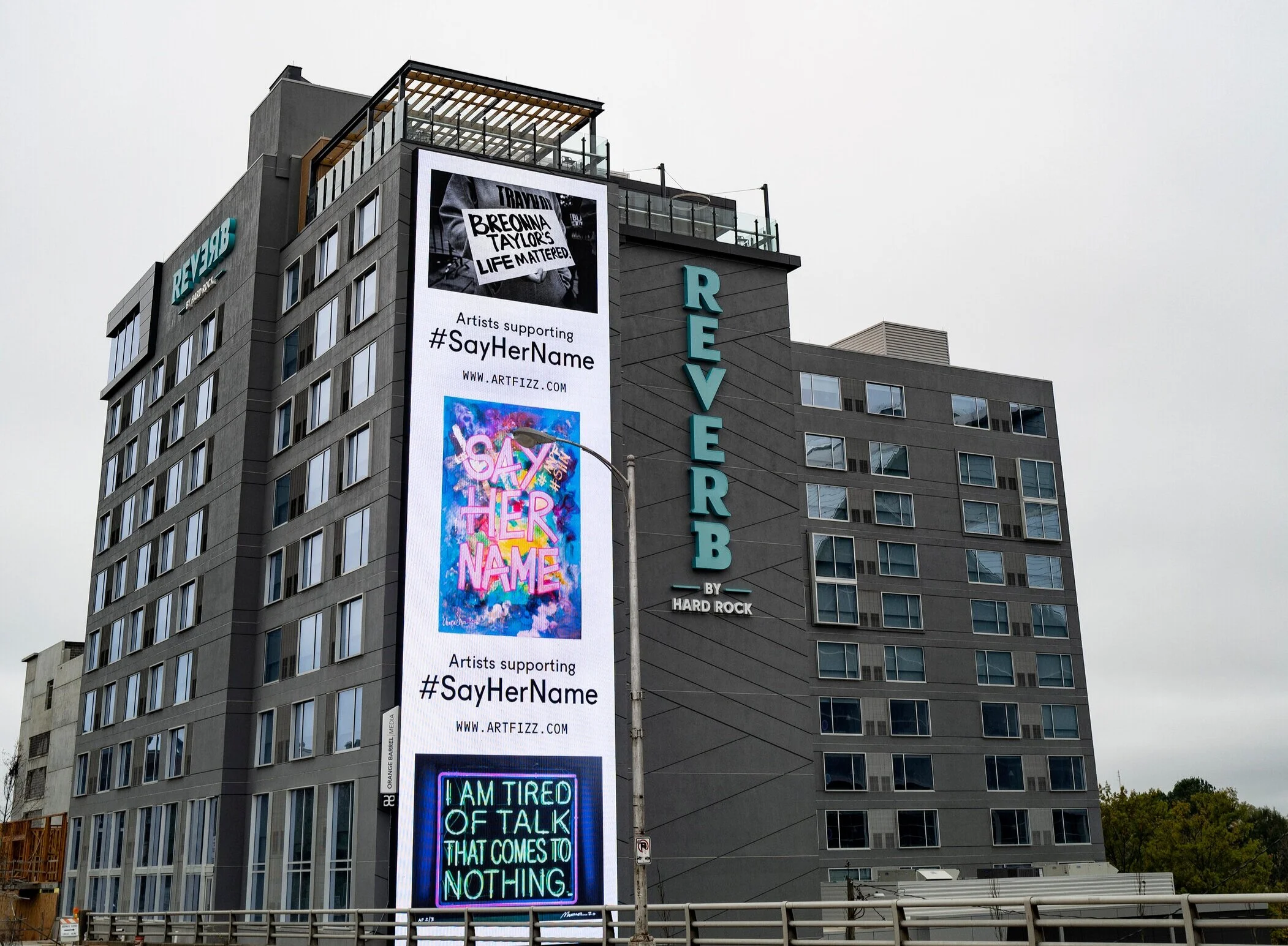 The Night Has a Thousand Eyes on the outdoor billboard of the Reverb Hotel Atlanta