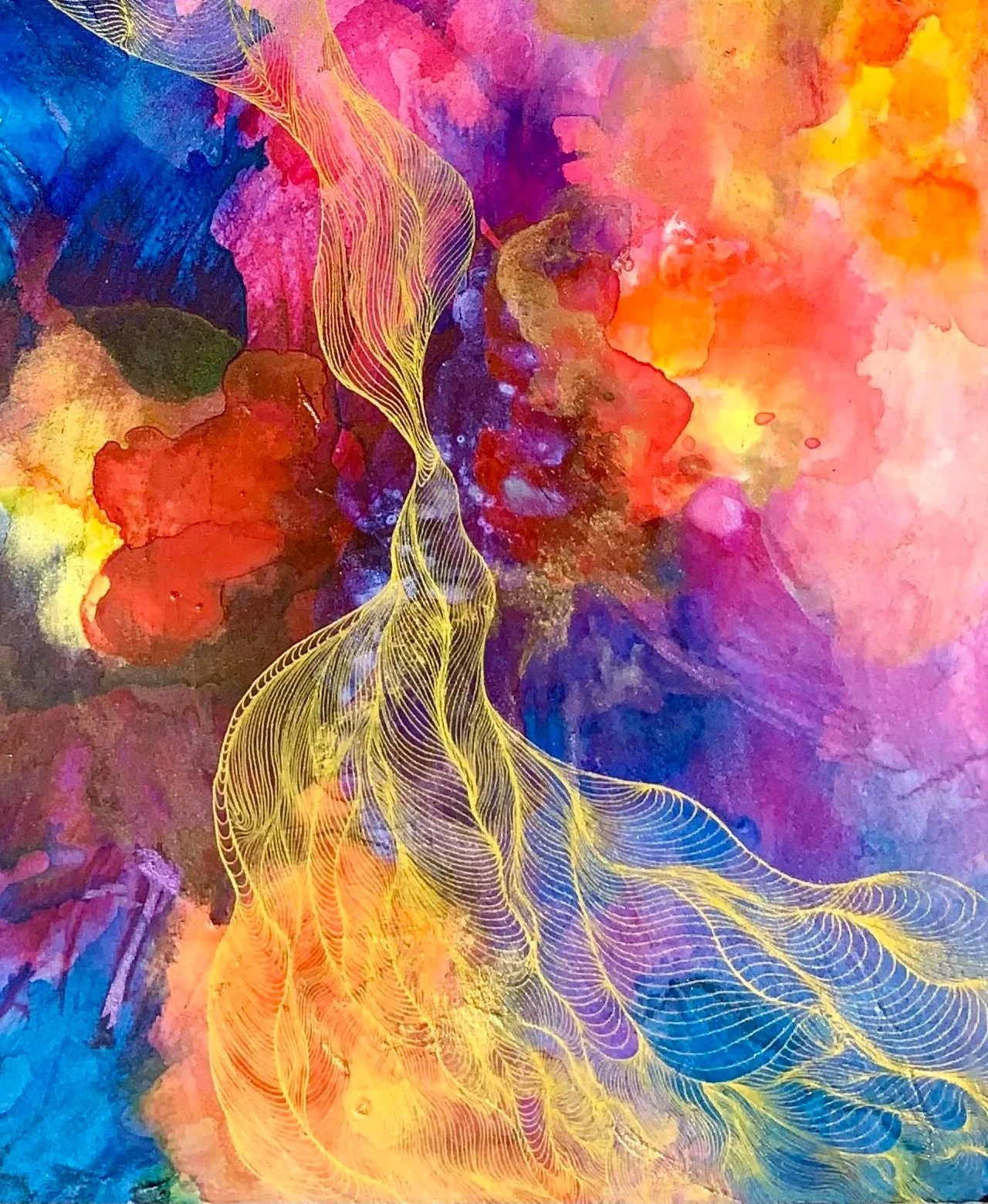 Glenyse Thompson I'll Take More of Everything Close Up Detail Explosive deep iridescent blue, pinks, yellow and magenta. Contemporary art, with gold lines