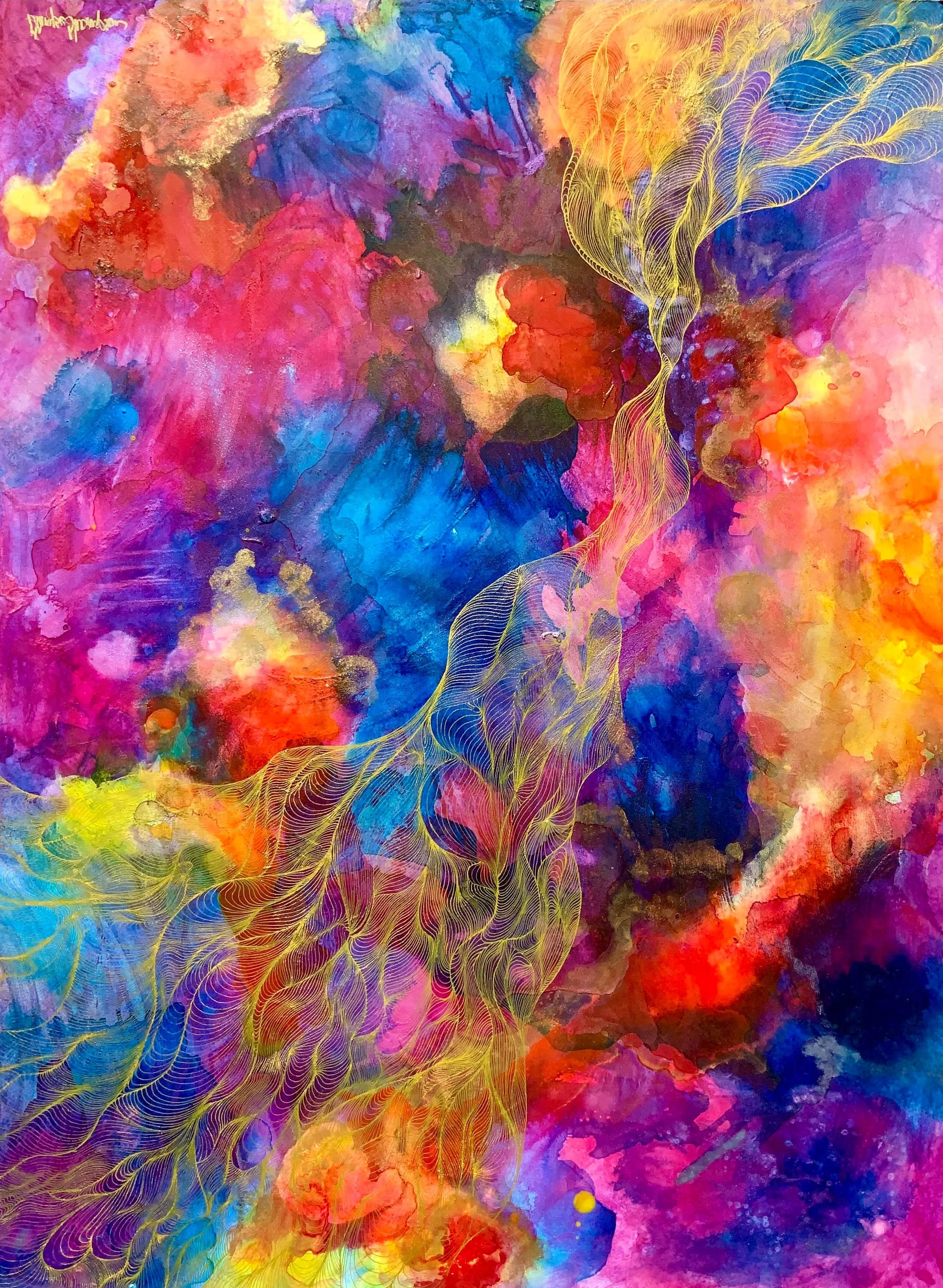 Glenyse Thompson. Vibrant, brilliant contemporary art. 40x30x2 inks on Ampersand Aquabord.