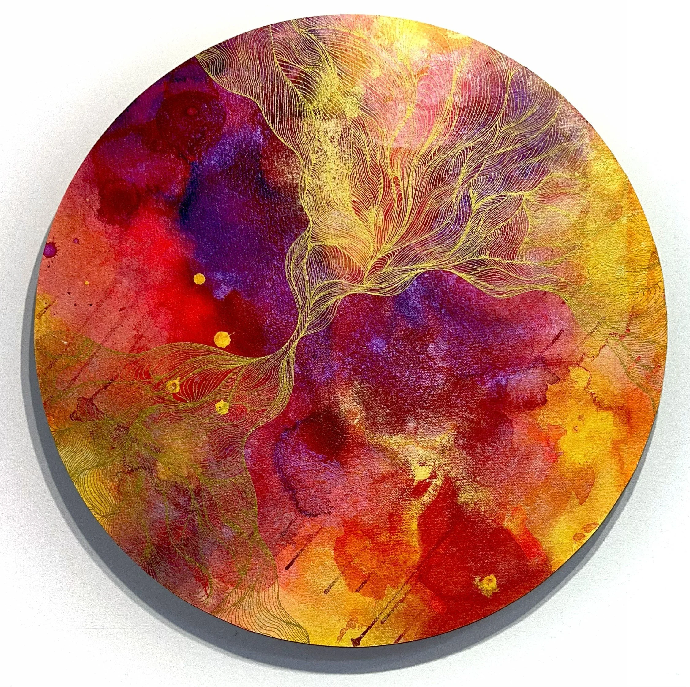 Glenyse Thompson Wonderland #23 Contemporary Art 2025 Inks, 23k gold leaf, on handmade paper 20 inch round detail 1.jpg