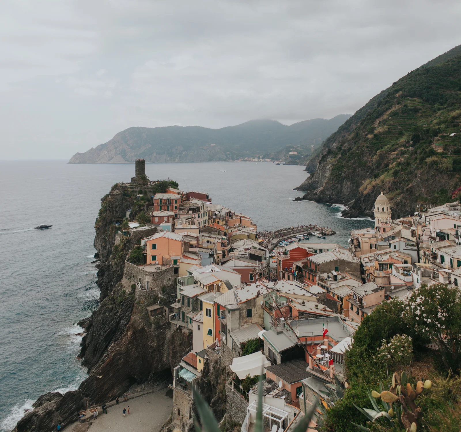 View of Vernazza, Cinque Terre, Italy from the hiking trail above the town. 