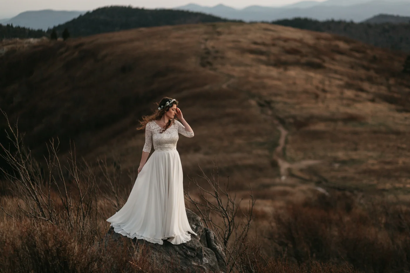 Photo of a bride on Black Balsam Mountain by Amelia Fletcher photography.