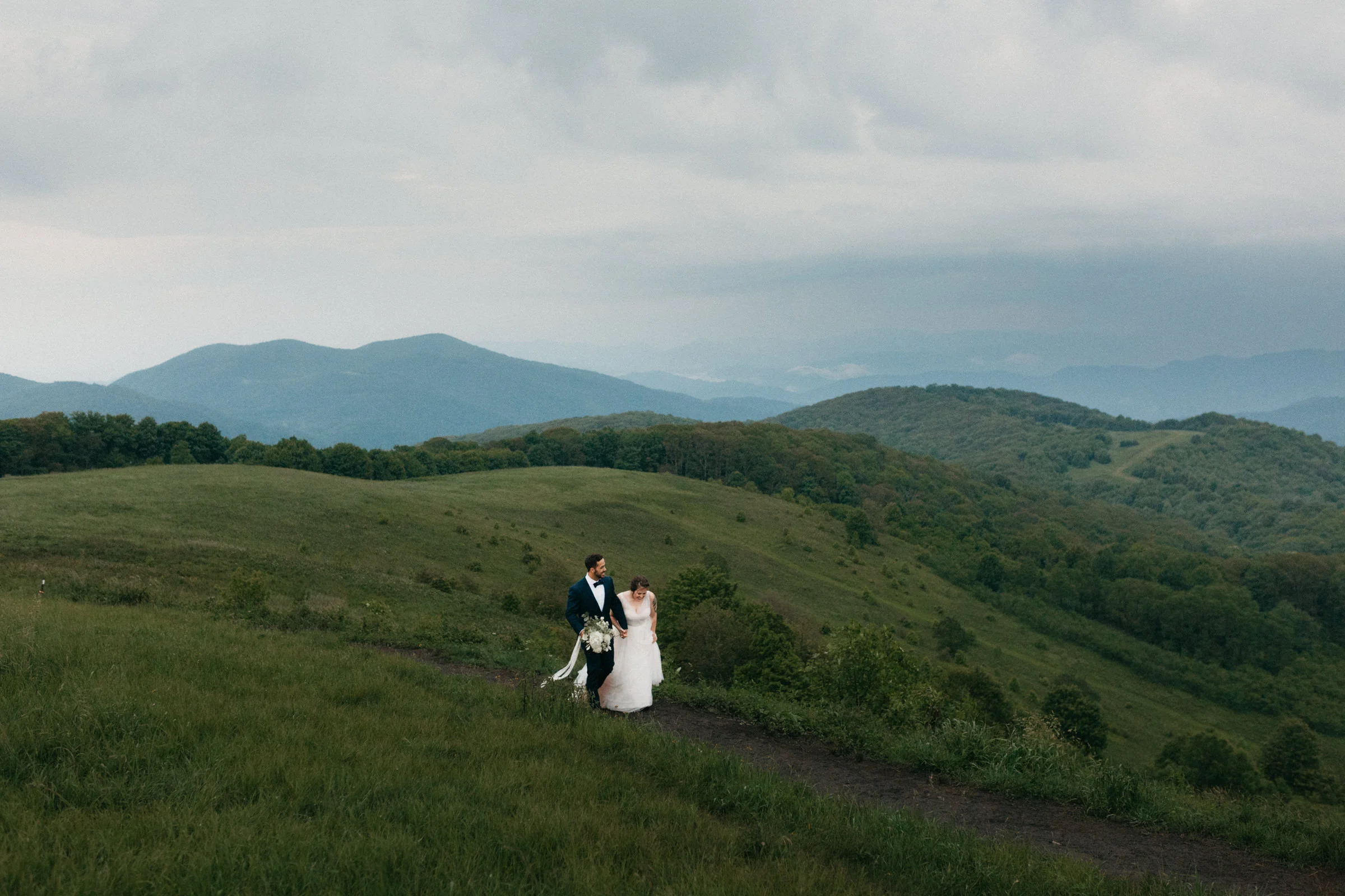Bride and groom after their wedding elopement at Max Patch in the Blue Ridge Mountains.