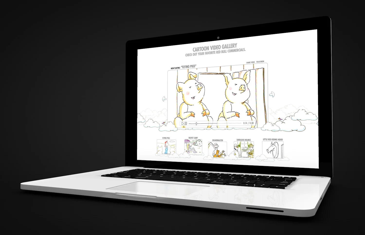 Red Bull Cartoon Gallery Red Bull has been airing iconic and pithy cartoon spots for many years. We proposed the idea of housing them all on a playful site designed to match the hand-drawn aesthetic of this distinct style.