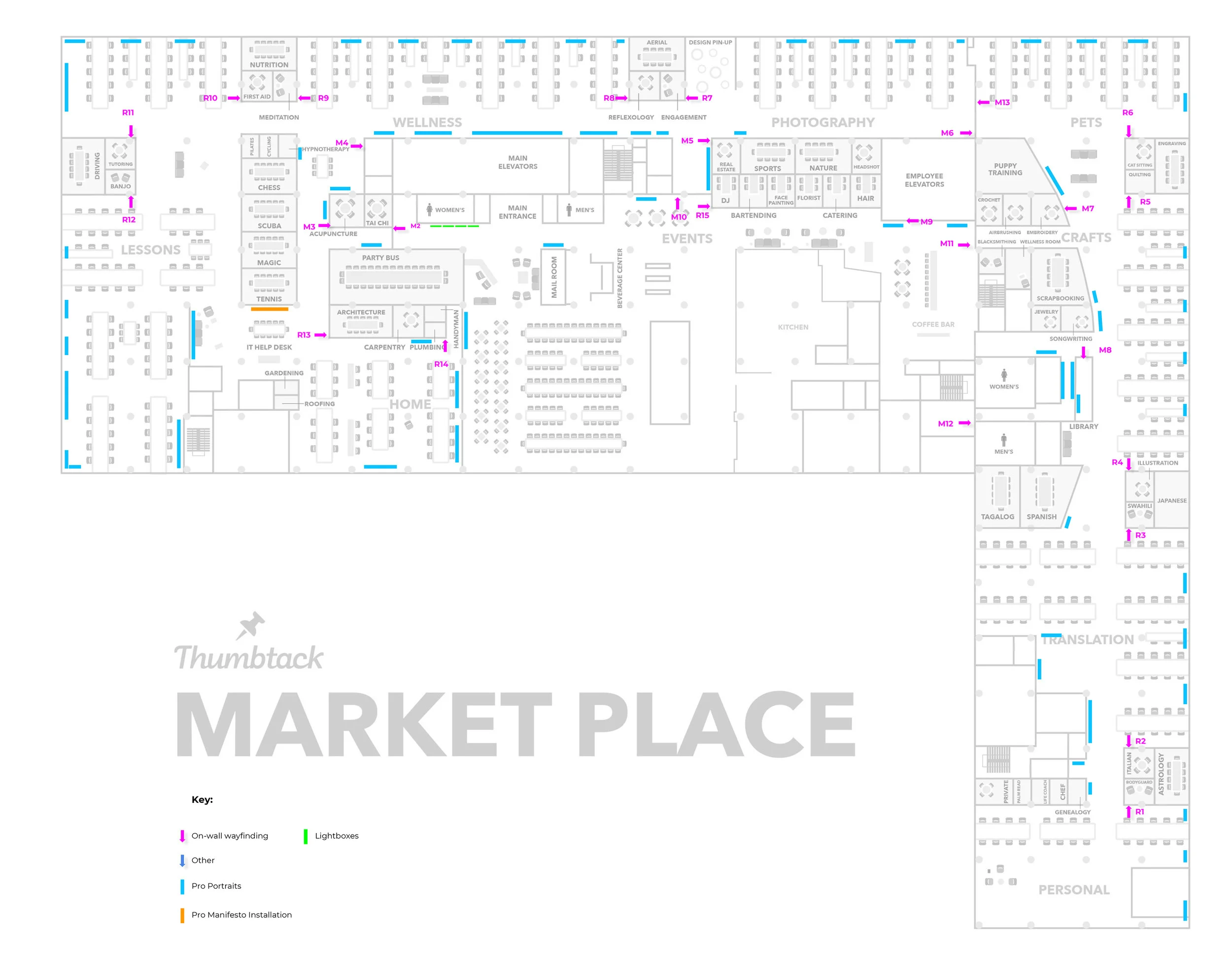 To give a sense of scale and complexity for the entire project, this map shows the entire office layout. Even finding the position of wayfinding locations required lots of laps around the office and a bit of trial and error to make sure that every area was covered.