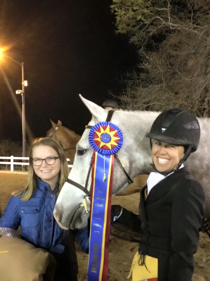 Maddy Thatcher and Liza Boyd celebrate Sterling's USHJA International Hunter Derby debut.