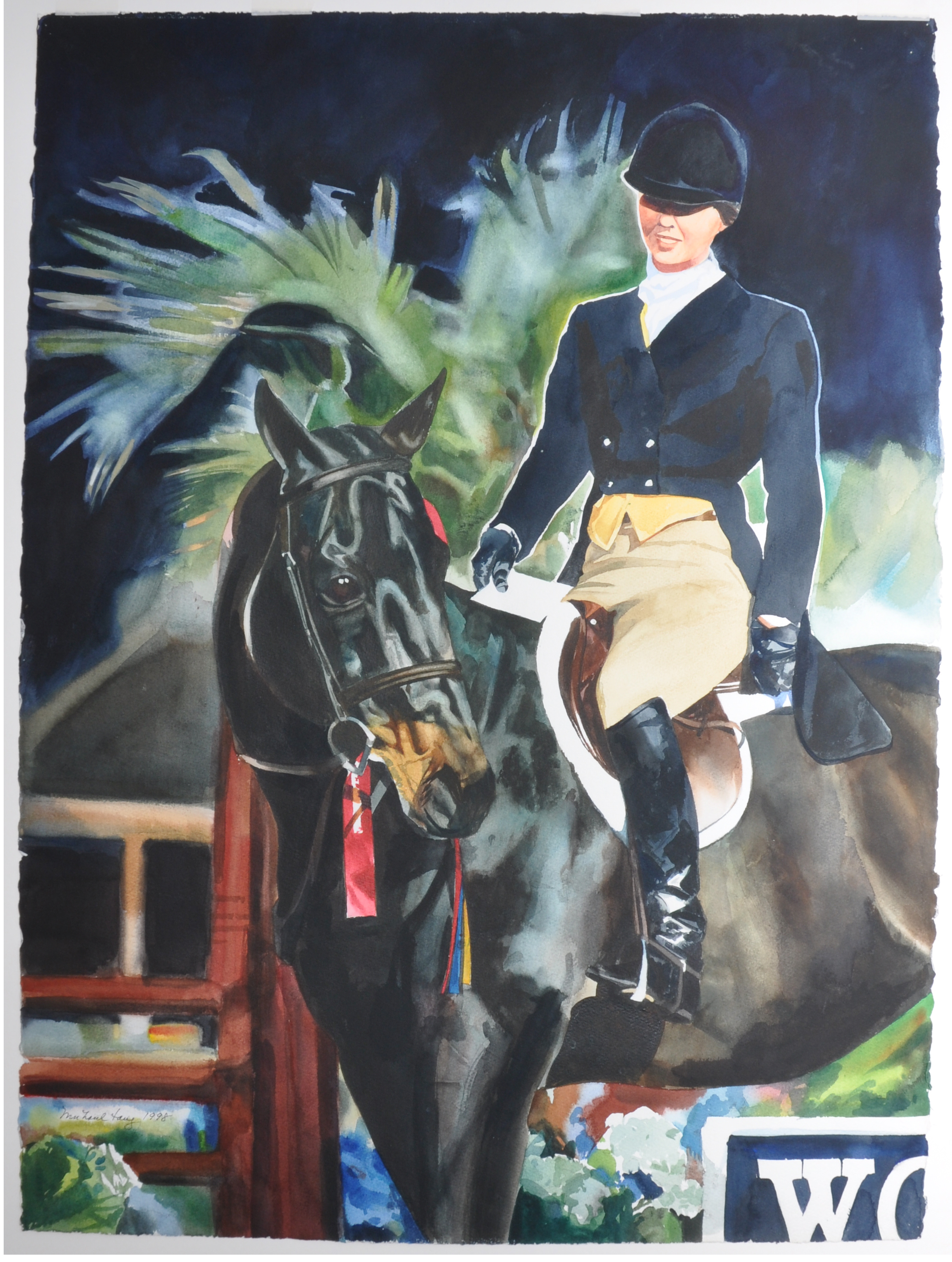 Liza and Monday Morning after winning the inaugural WCHR Hunter Classic Spectacular in Florida in 1997. Painting by Michael Tang based on a photo by Tricia Booker