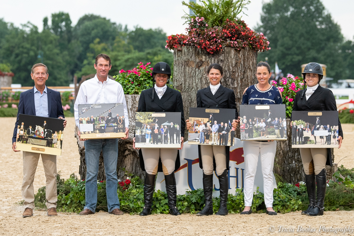 Liza Boyd, fourth from left, was recognized with the other winners of the USHJA International Hunter Derby Championship (from left, John French, Hunt Tosh, Jennifer Alfano, Kristy Herrera and Tor Colvin) during the event's 10-year celebration.