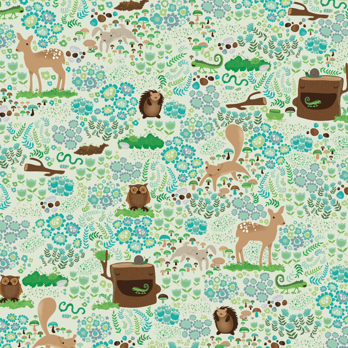design surface pattern deer squirel owl fern flowers bunny nonna design illustration