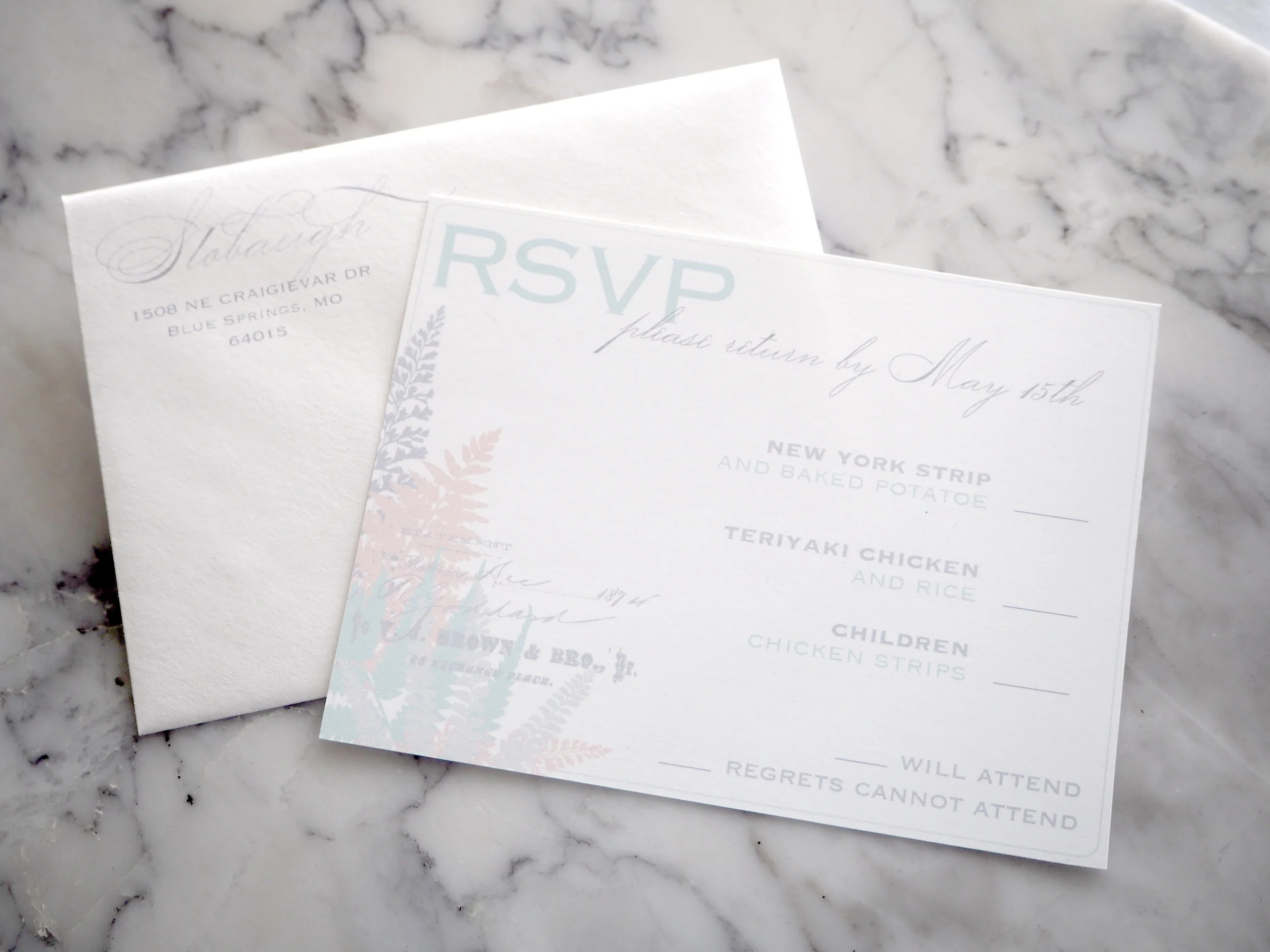 RSVP Card & Return Envelope Peony Fern 