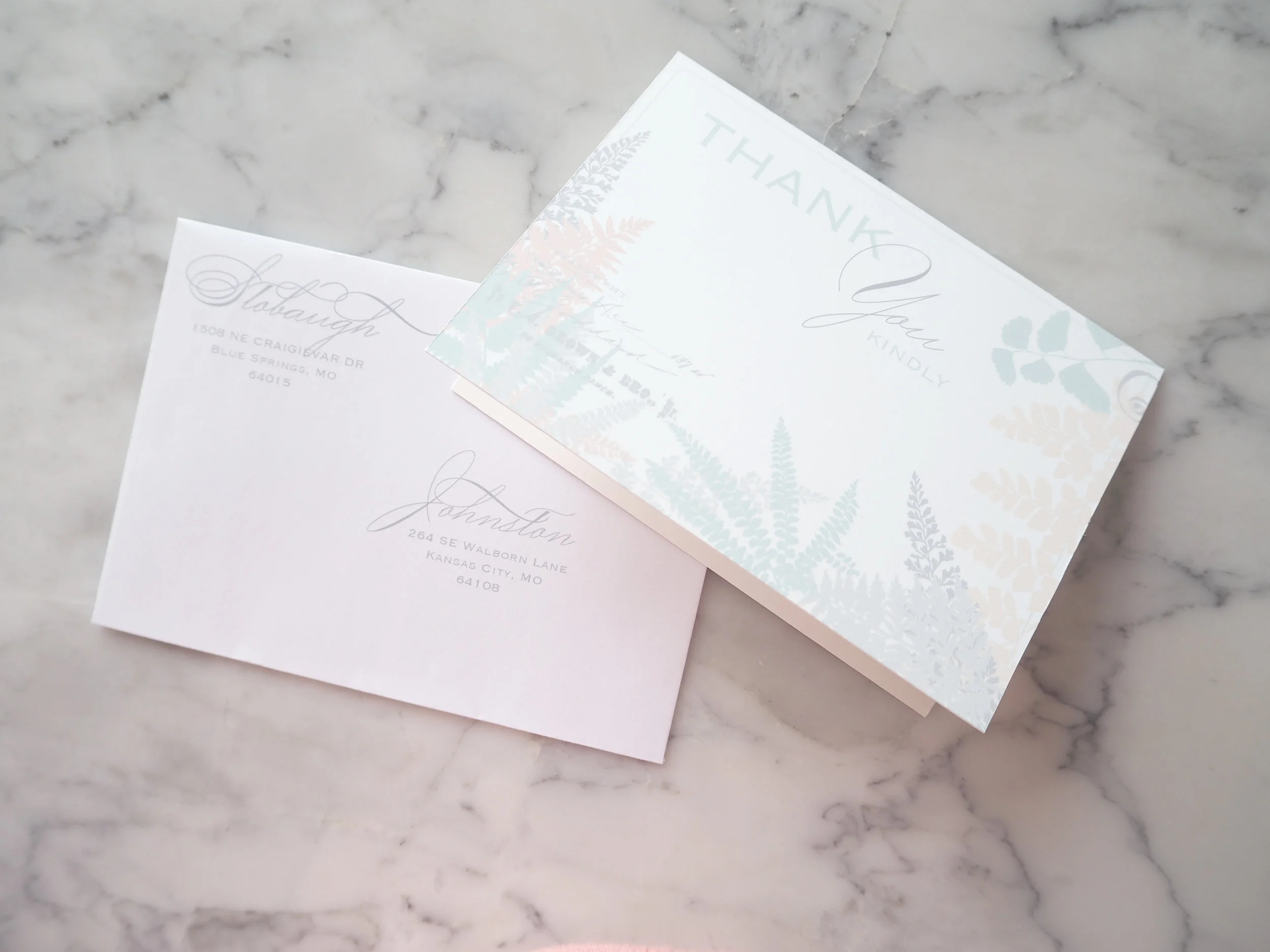 Thank You Card & Return Envelope Peony Fern 
