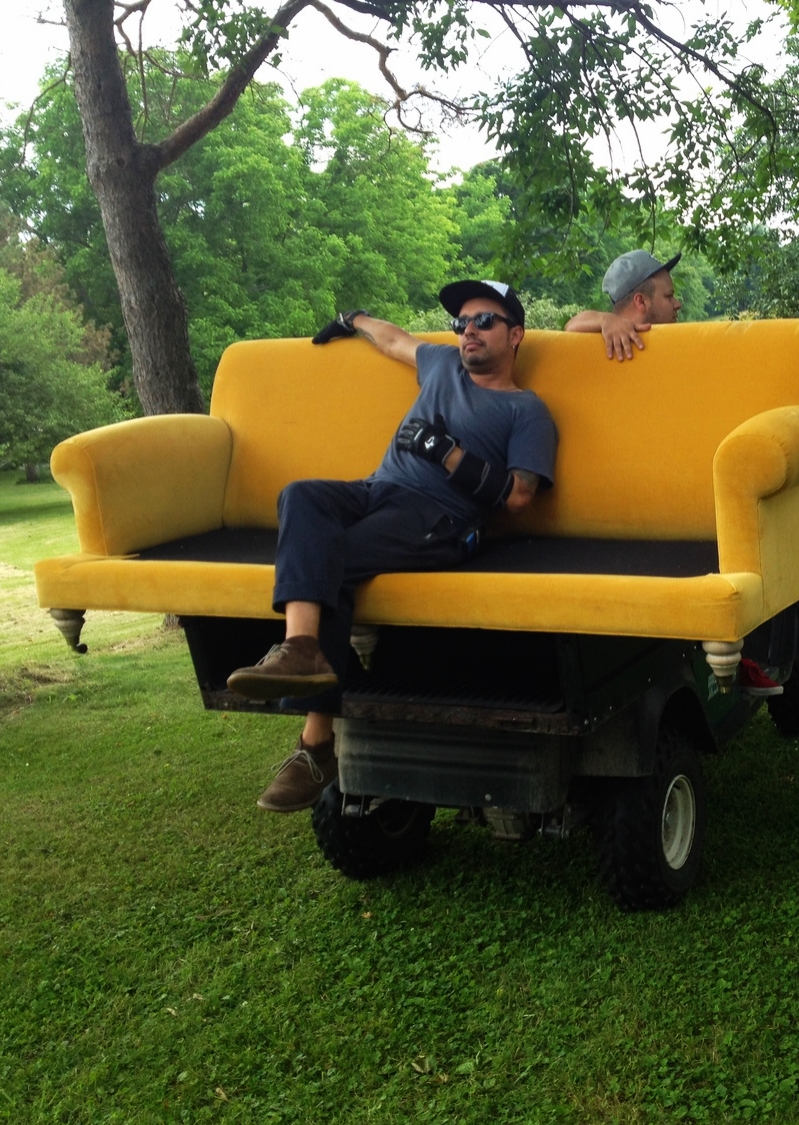 anthropologie house and home catalog on location with county fair productions chair on a golf cart