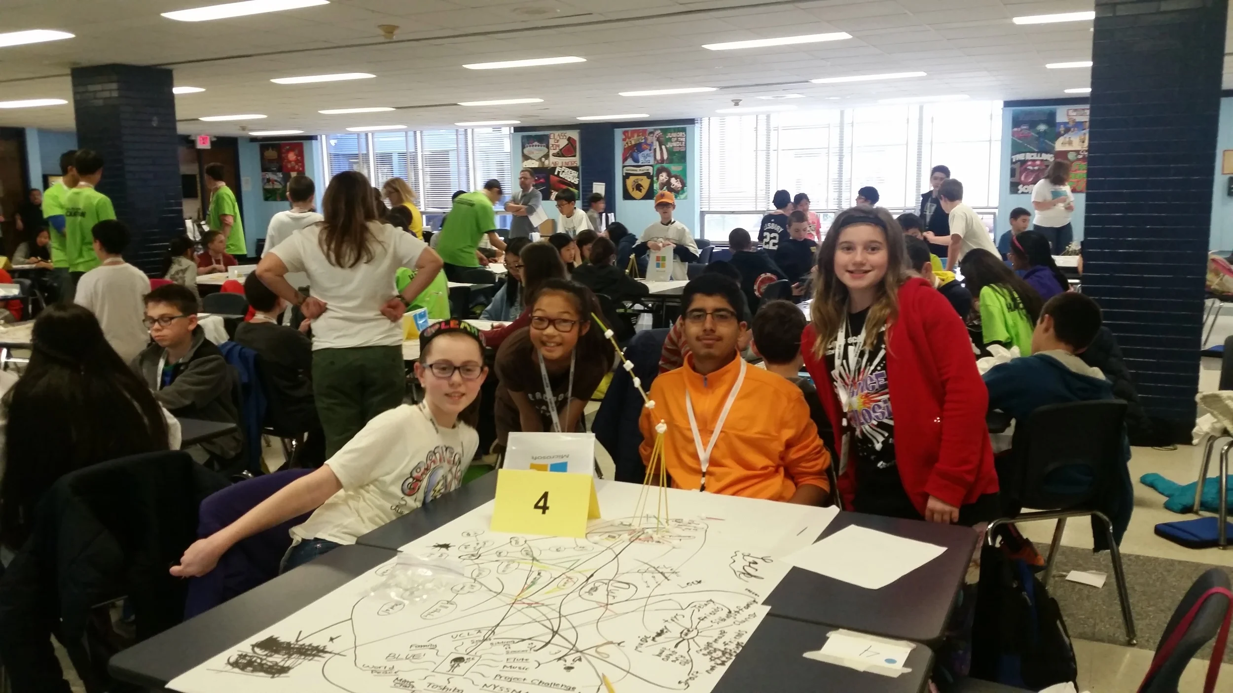 Student team poses for a photo during our mind mapping session, during which students use visual representations of their identity to introduce themselves to one another and get comfortable with their teammates. 