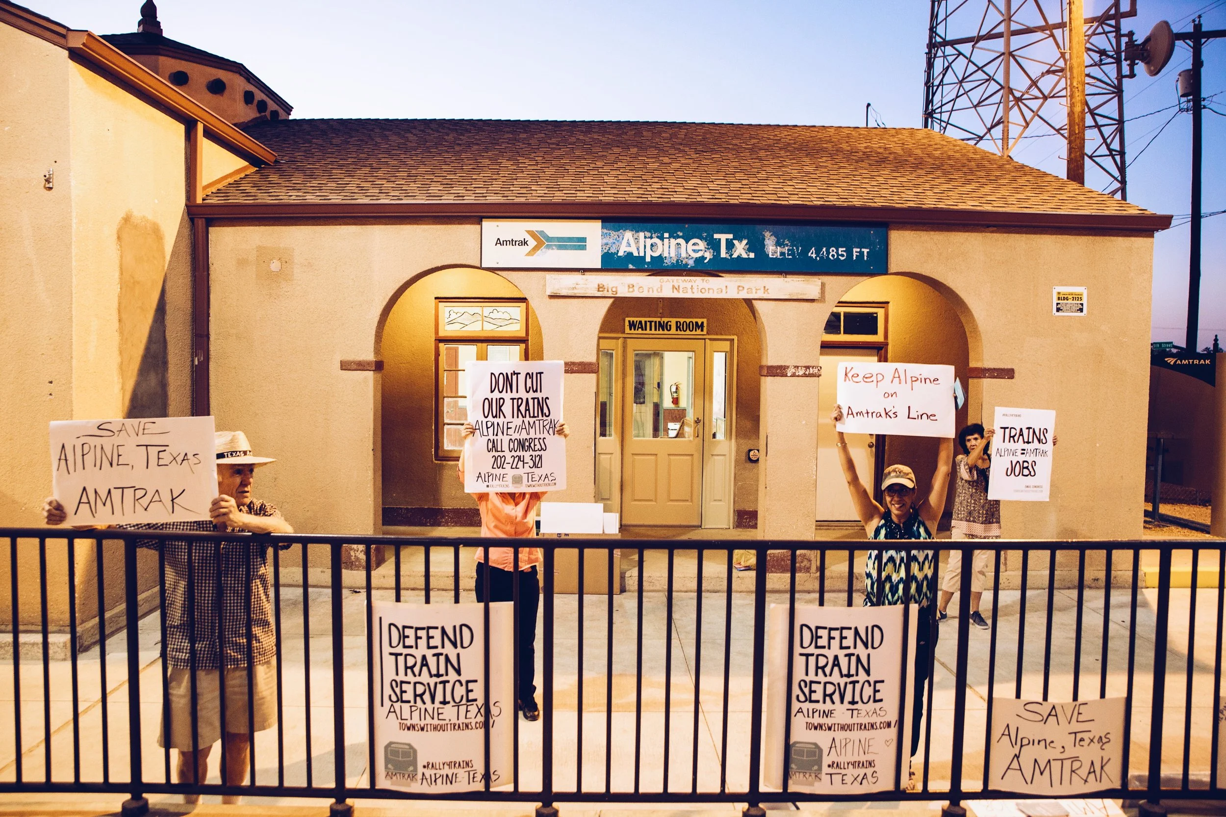Protestors gather outside of Alpine, TX pleading with passengers to help save the train service in their little town.&nbsp;