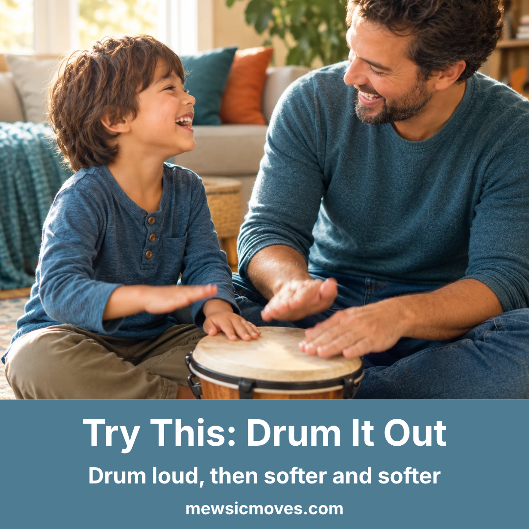 Parent and child tapping a hand drum together to release big feelings