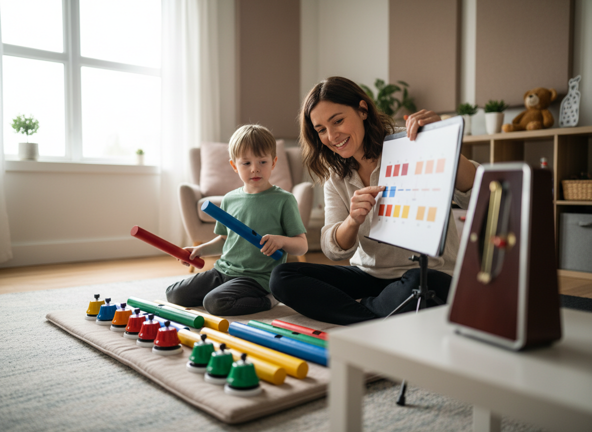 female therapist and boy playing boom whackers and colored bells.