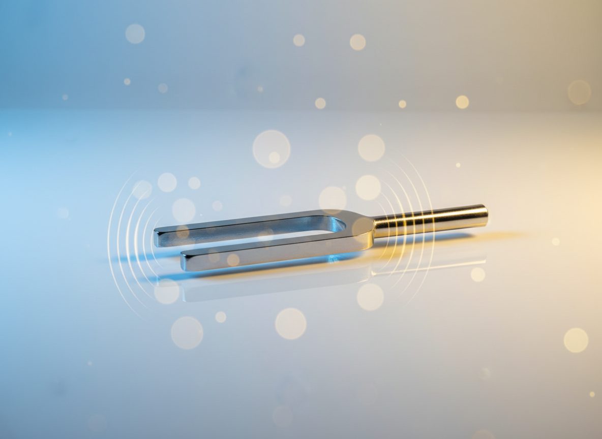 Photorealistic tuning fork on a clean surface with soft blue and warm yellow lighting and subtle sound-wave style blur in the background, representing sound frequency and music therapy education.