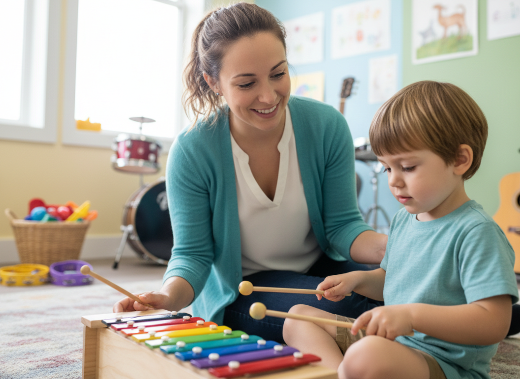 female music therapists playing xylophone with young boy