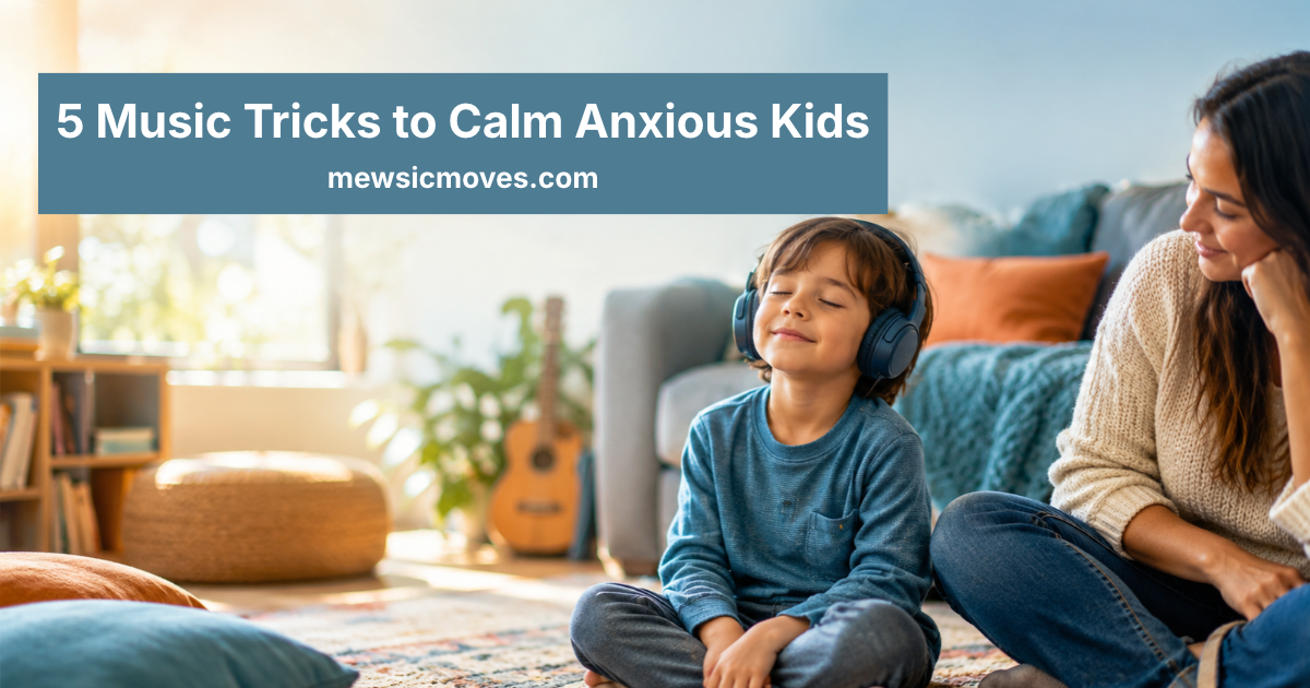 Child wearing headphones breathing calmly while listening to music at home