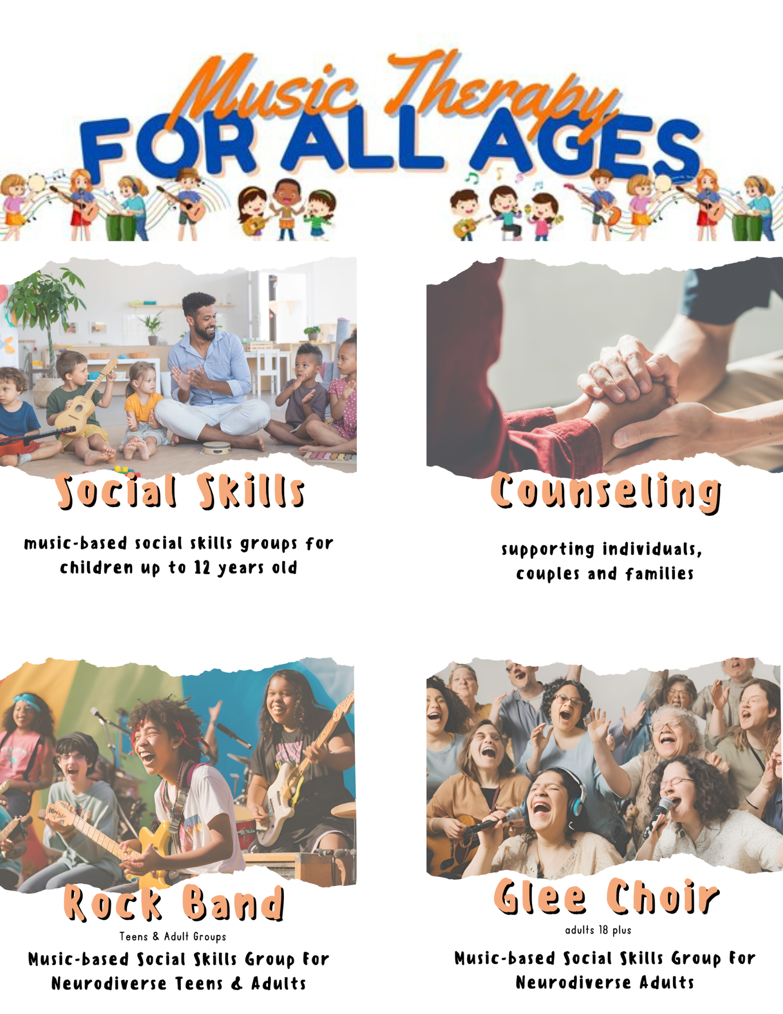 Promotional poster for 'Music Therapy for All Ages' with illustrated children playing instruments. Four sections: Social Skills for children up to 12, Counseling for individuals and families, Rock Band for neurodiverse teens and adults, Glee Choir for neurodiverse adults 18 and over.