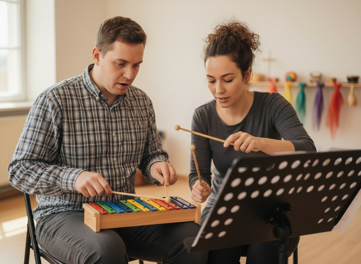 female music therapist with adult male client playing xylophone