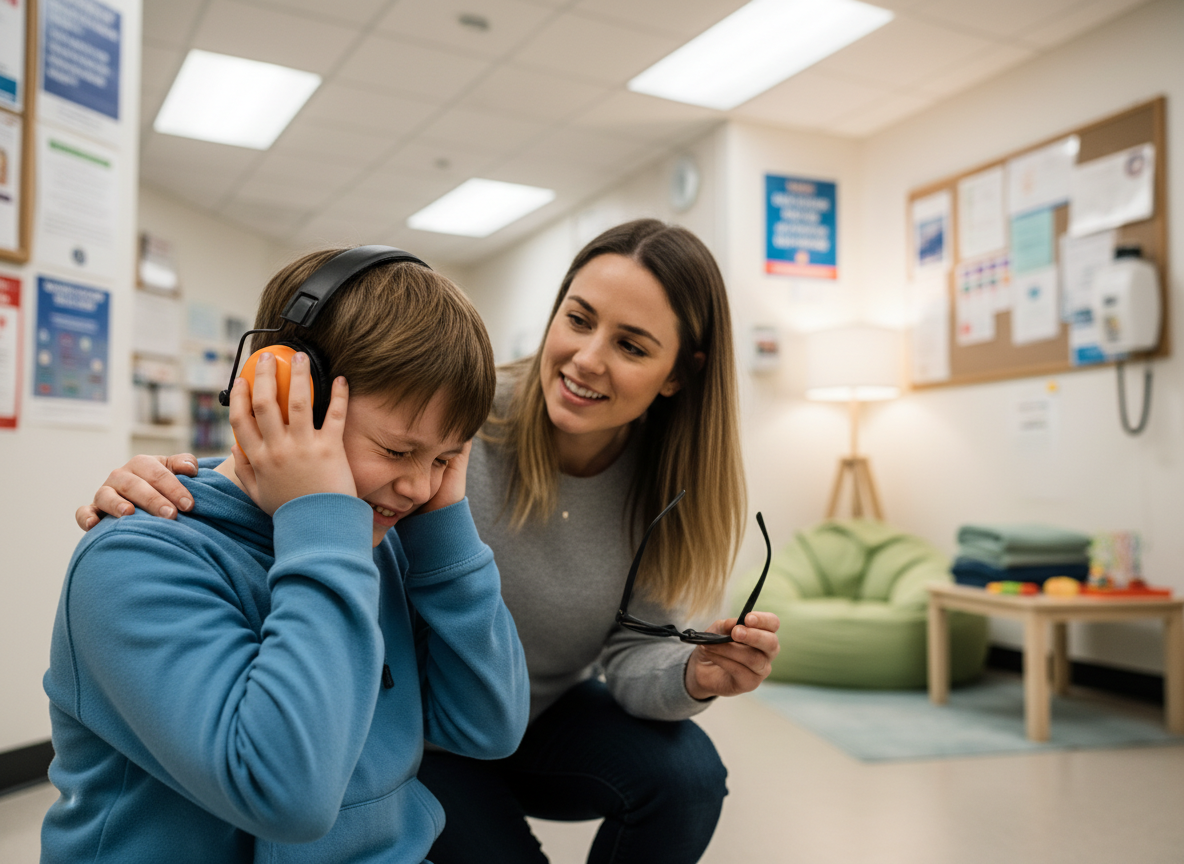 female therapist and boy with headphone sensory overload