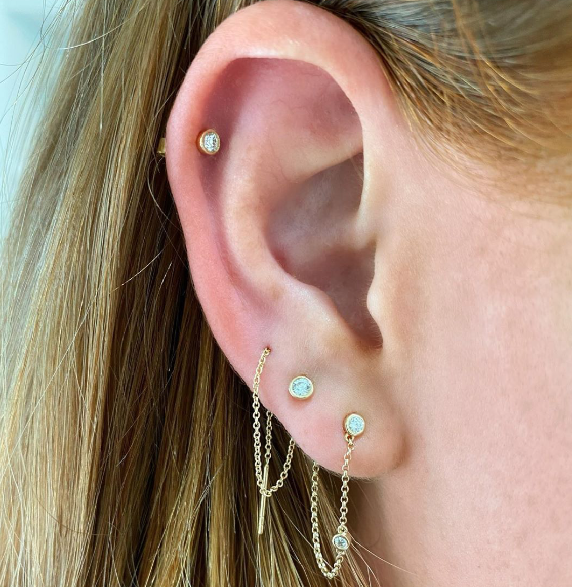 14k Bezel Setting Diamond Studs Chain Earrings – FERKOS FJ