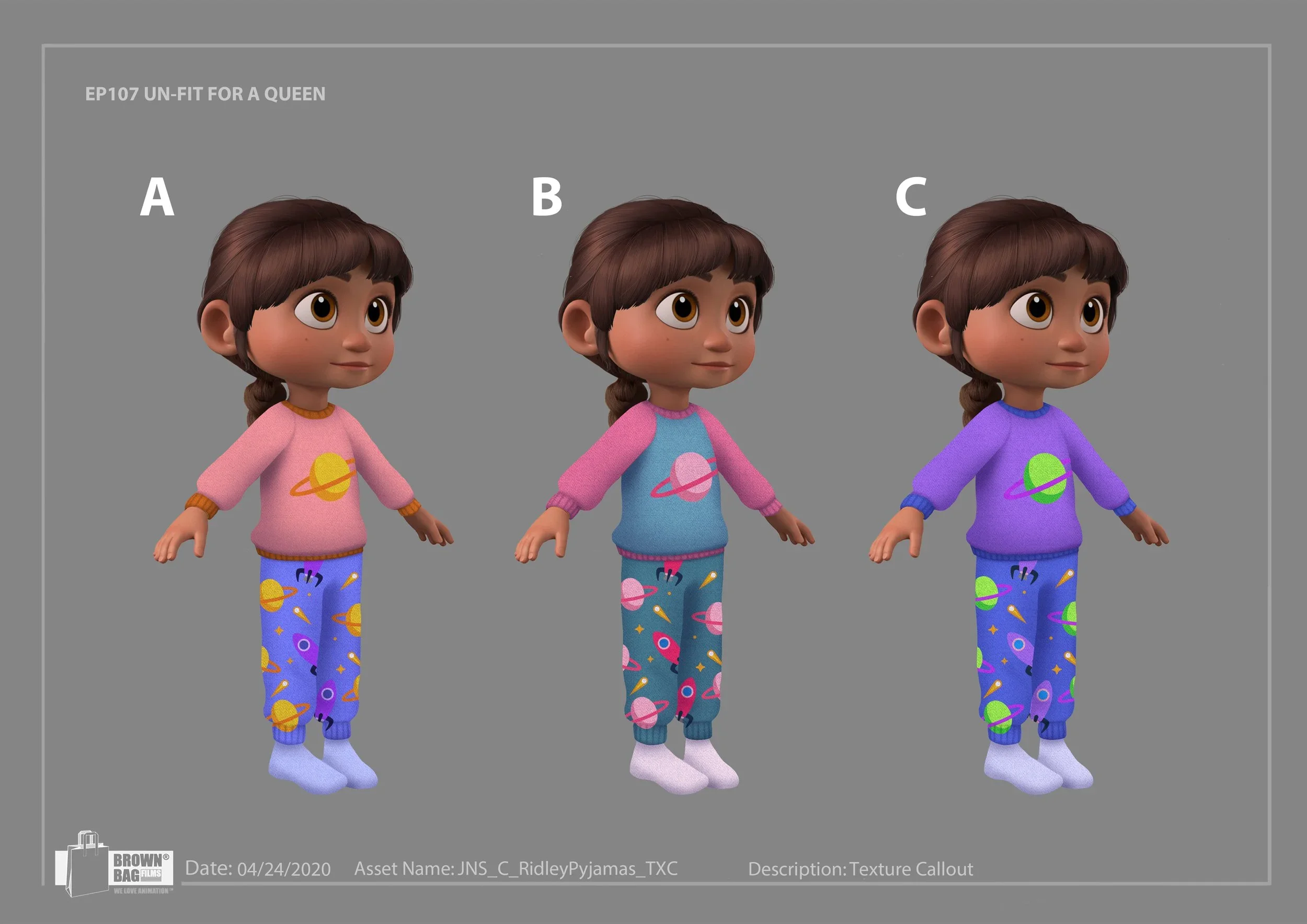 I was responsible for Texture/Shading and Color on outfit only.