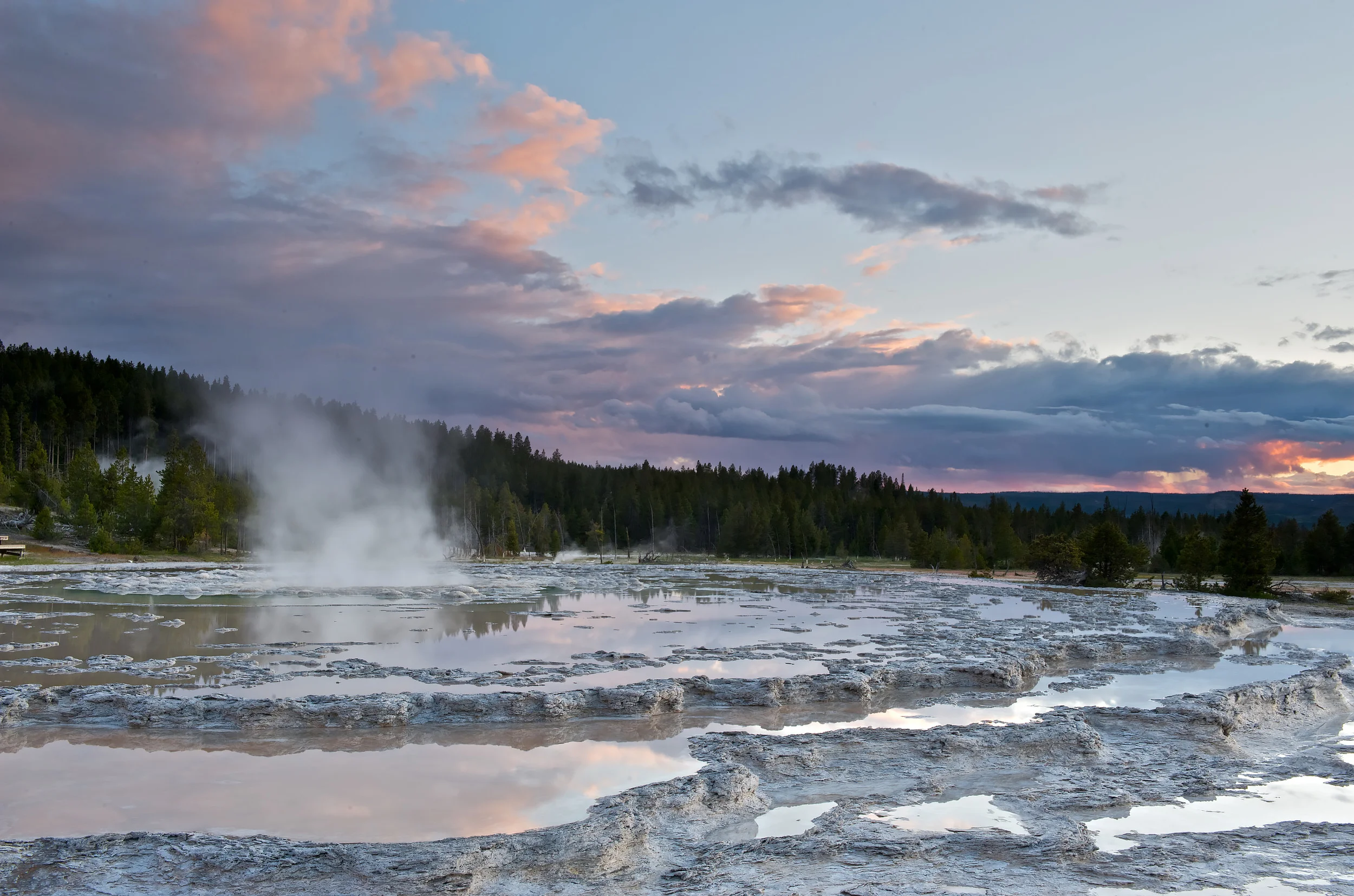 Great Fountain Geyser at sunset, Yellowstone NP, WY, USA