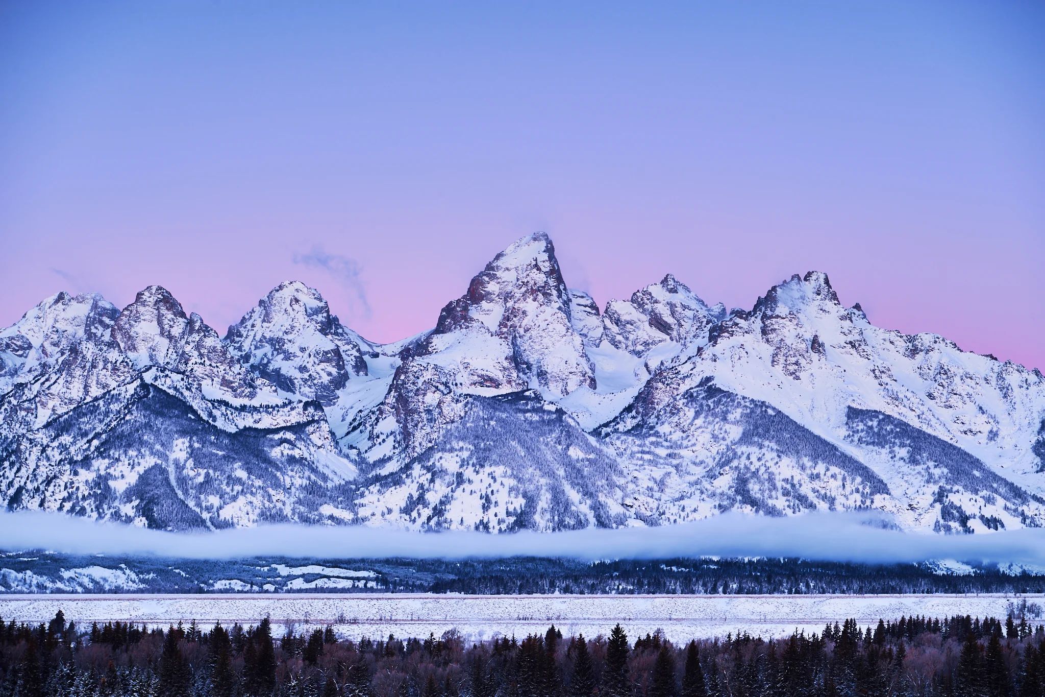 Grand Teton NP at dawn in winter, Wyoming, USA