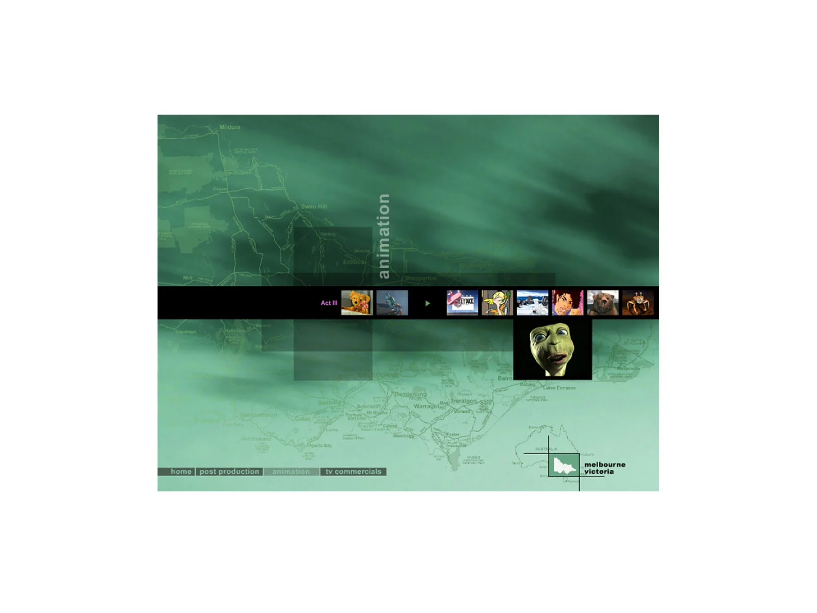 Interface design for Melbourne Film Office. Award-winning interactive CD set showcasing Melbourne as a location for filming.