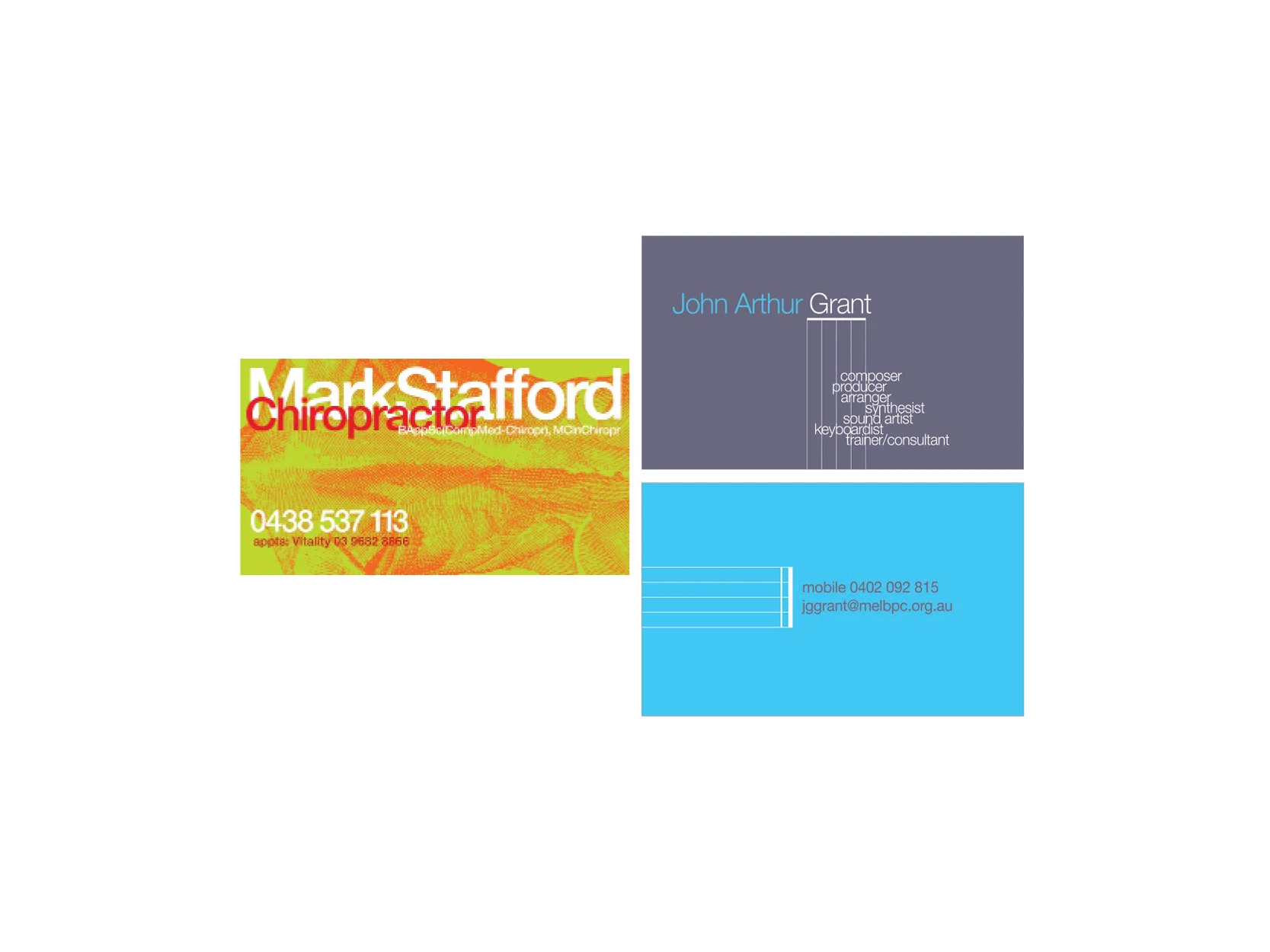 Business card for chiropractor Mark Stafford and composer/musician John Grant