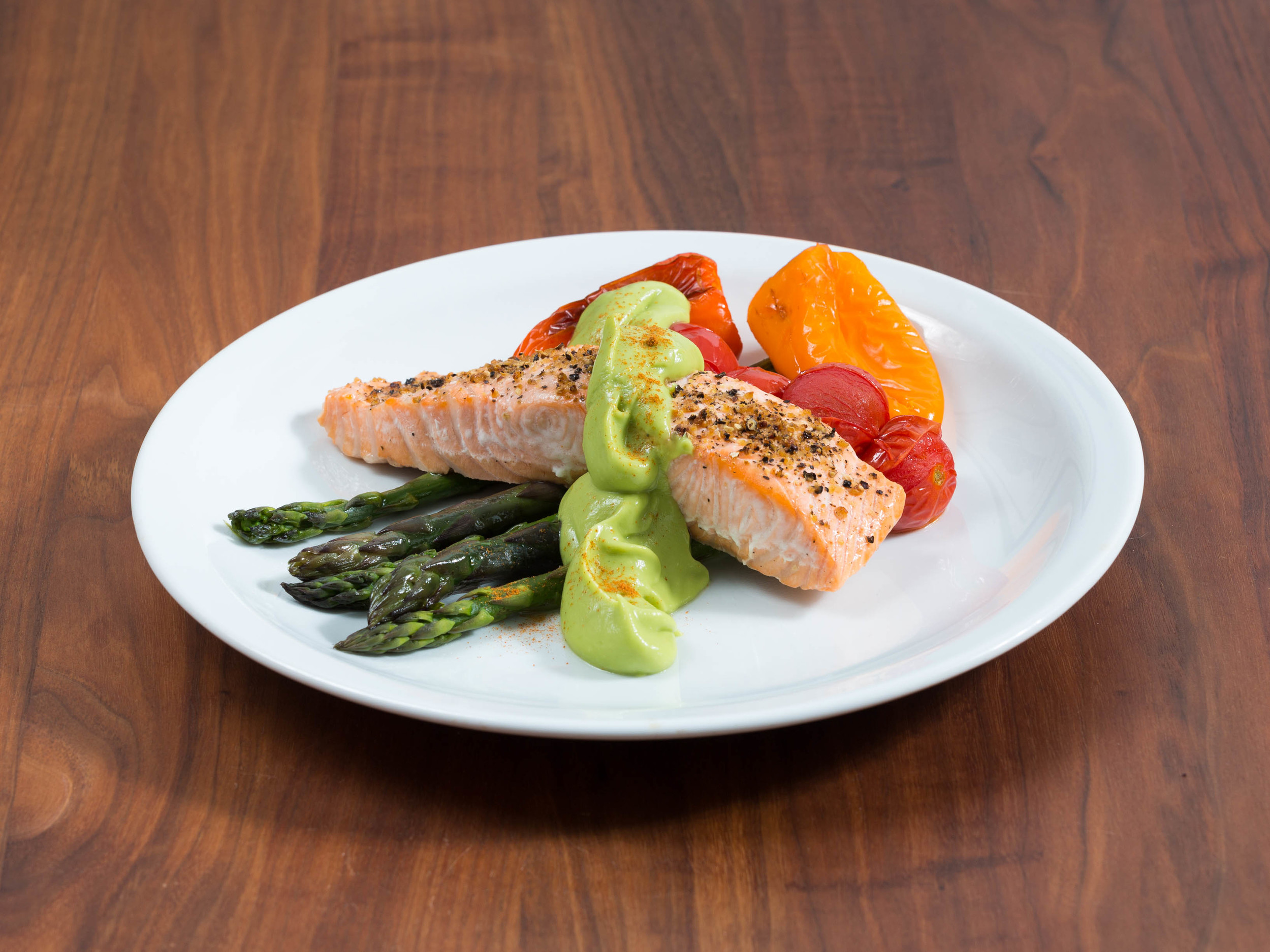 Baked salmon with avocado hollandaise.