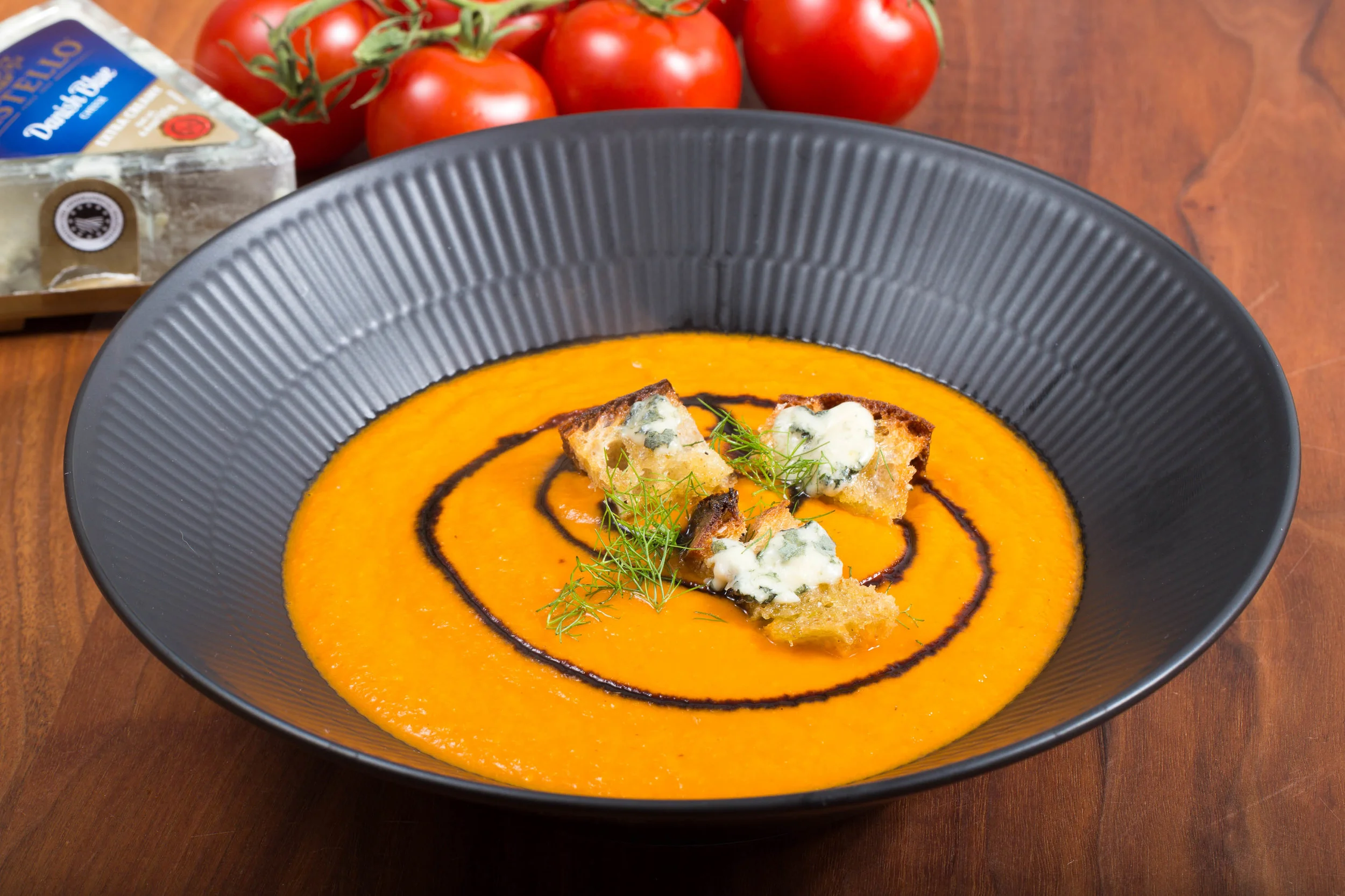 Tomato Soup with Blue Cheese Croutons
