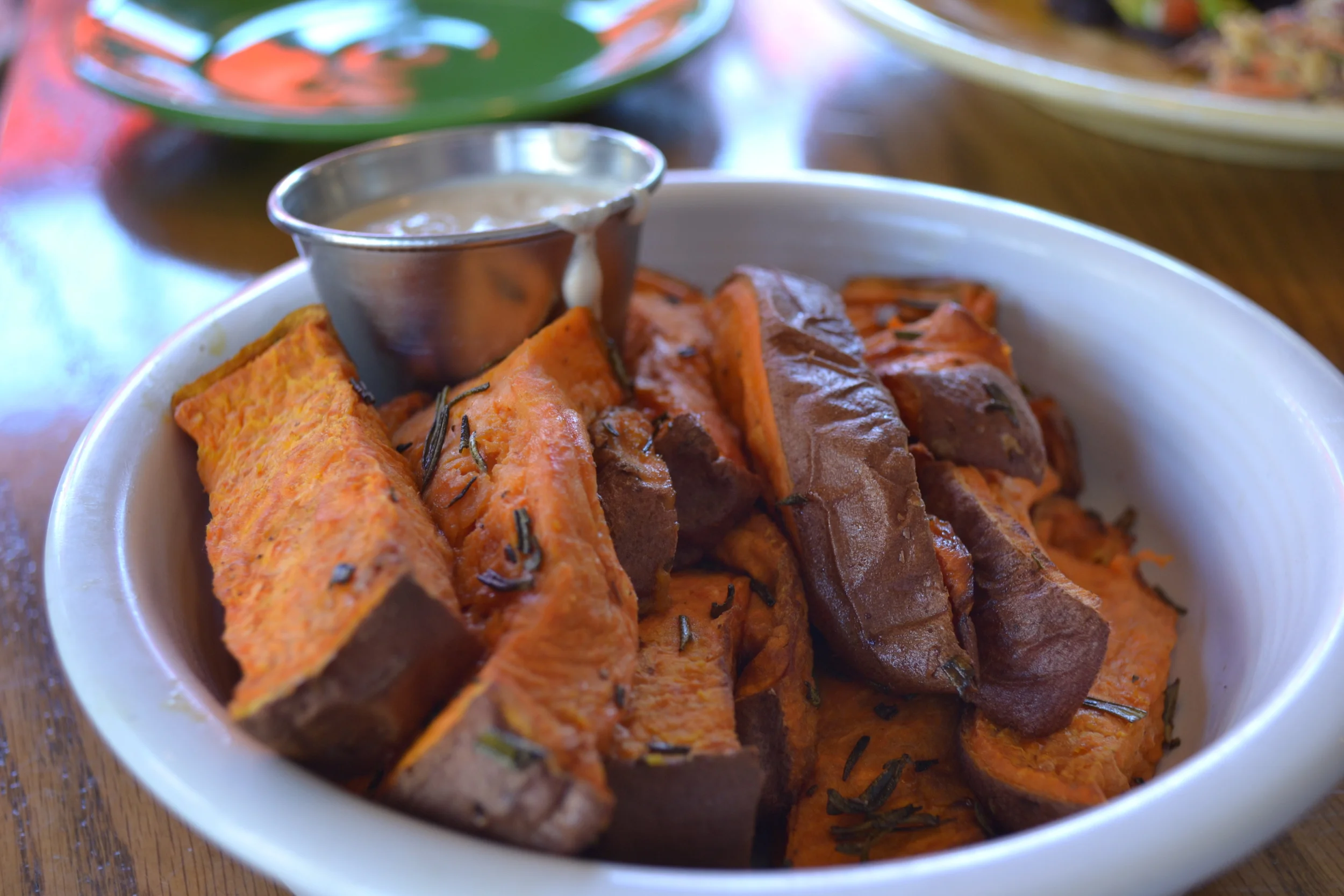 COMFORTED by roasted garnet yams with a side of coconut mint chutney.