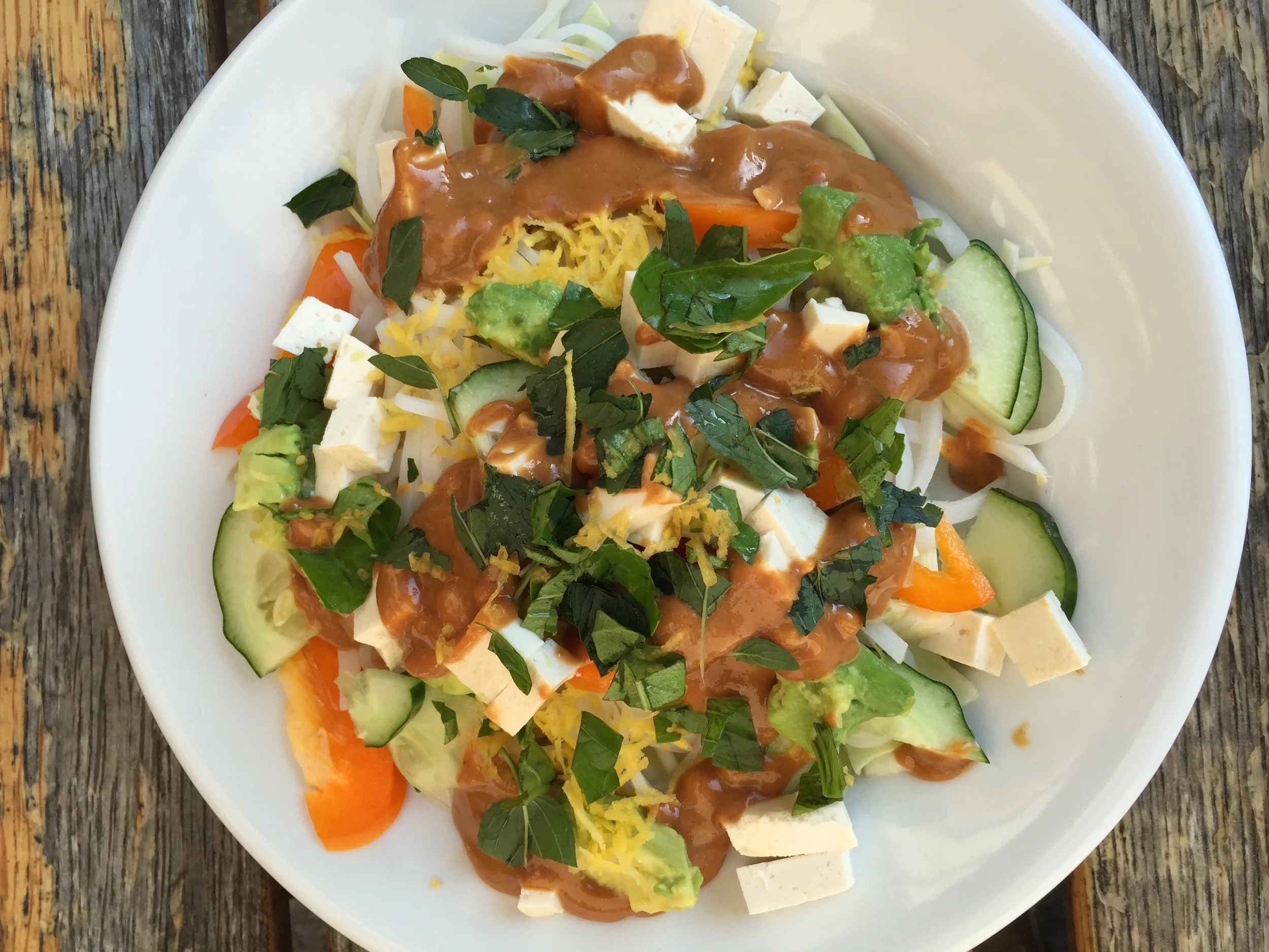 Our latest bowls, made with green cabbage, orange pepper, cucumber and grated yellow carrot.