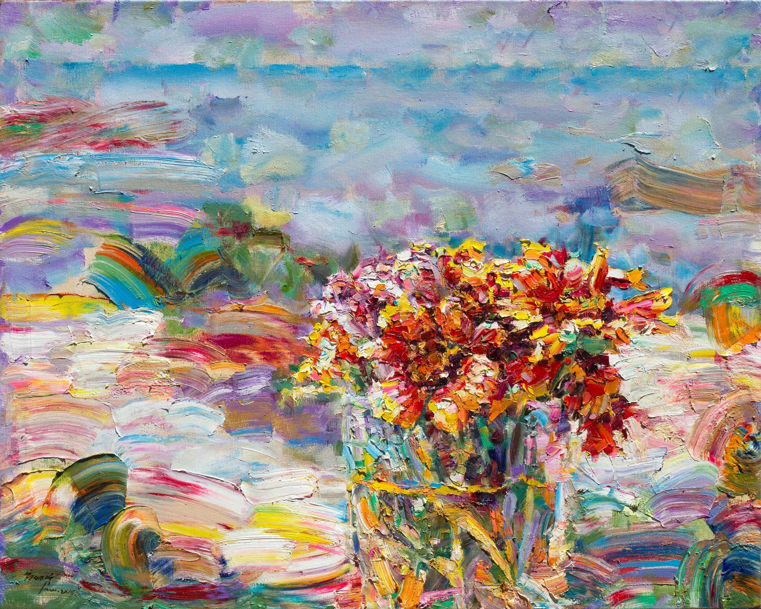 翁明哲 陽台上的天人菊 72.5x91 cm 2016 油彩畫布