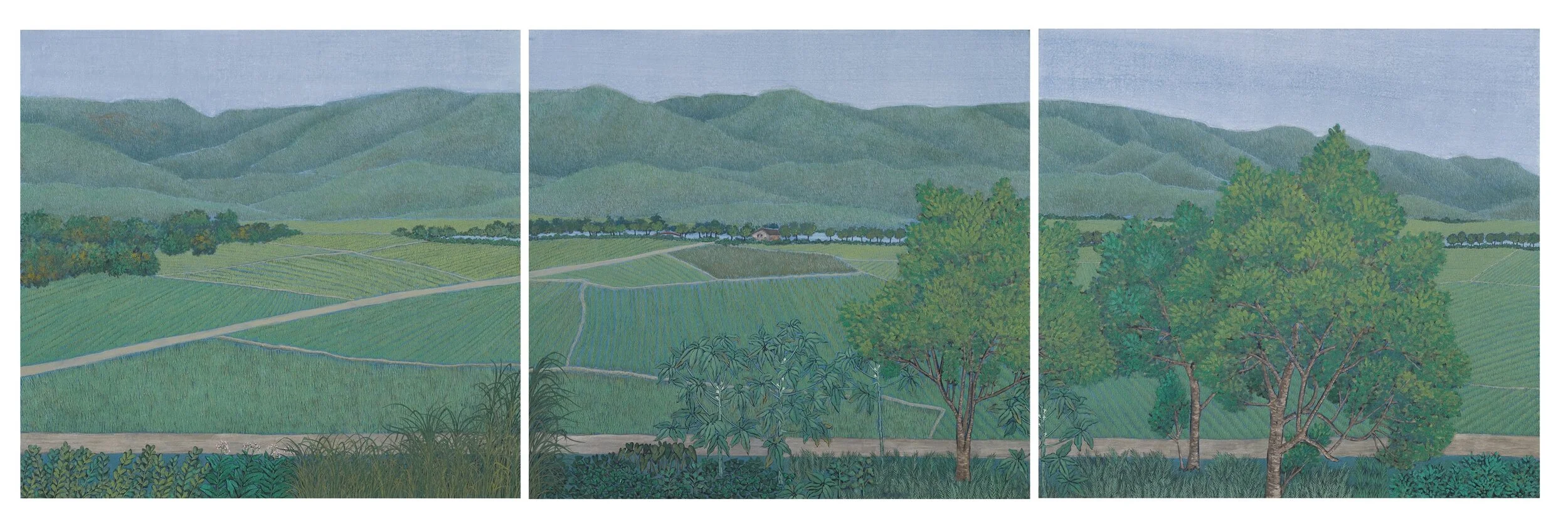 〈池上窗景〉 45.2x48.5xcm x3 2020 膠彩紙本