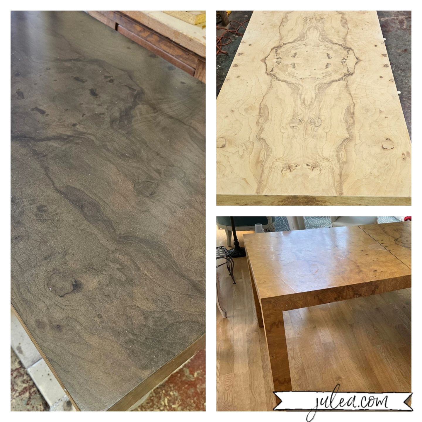 My client's vintage olivewood burl Parsons dining table is in process of getting a fresh, updated look to go with her rad, redesigned public spaces of her townhouse. #furniturerefinishing #furnituremakeover
#olivewood #parsonstable #redesign #interio