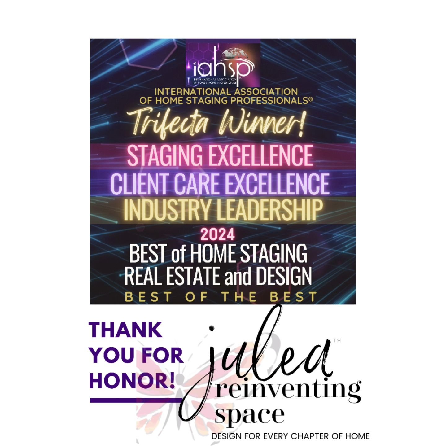 Thank You IAHSP for the wonderful honor in the home staging industry! We design for every chapter of home #iahspworldwide #iahsp #homestaging #bohs #bestofhomestaging