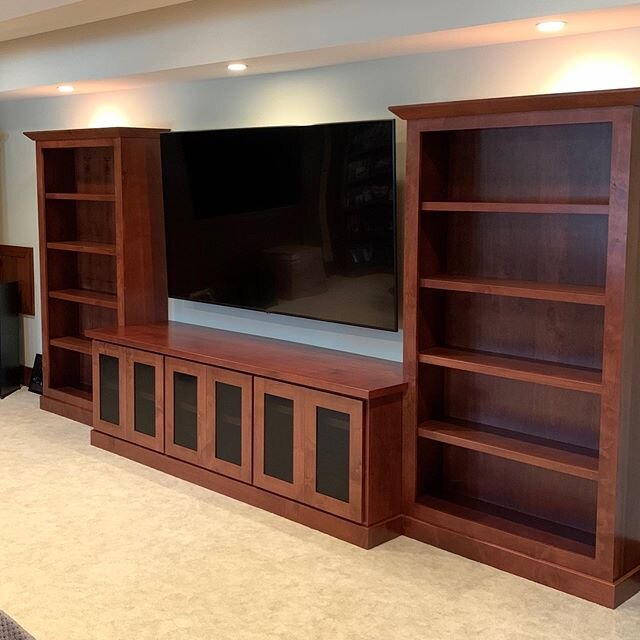 The alder media center is complete! It&rsquo;s hard to see but, the wall has a 3 degree curve. Designed to create the best sound for room. So each cabinet was templated n built to fit the curve.