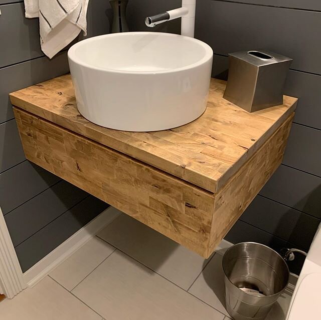 Recently completed this custom vanity top. Constructed of maple butcher block with walnut shadow line accent. Designed by @meredithklemmrealestateagent  installed by Steve😜