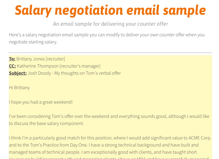 Sample Email To Negotiate Salary Offer