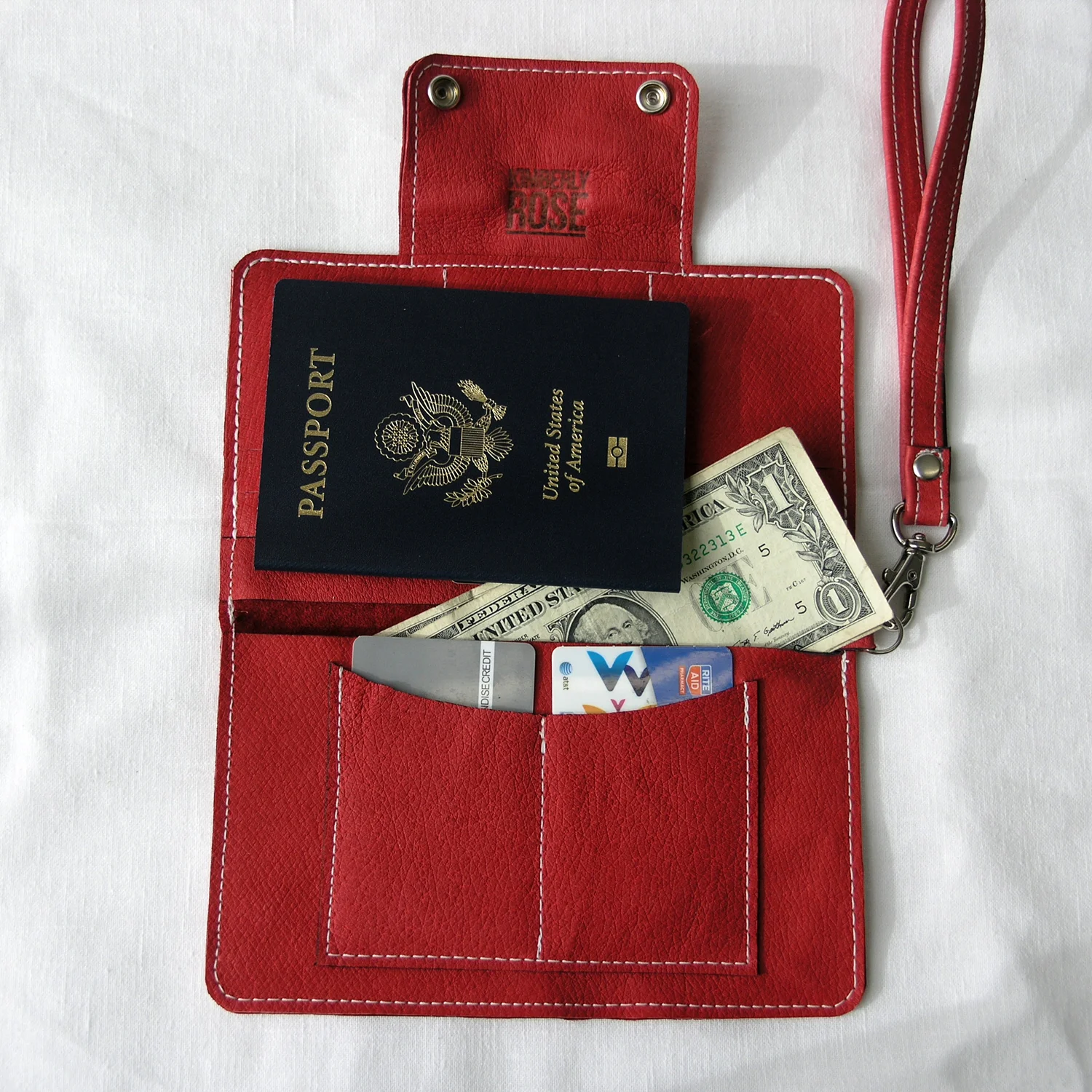 red leather wristlet