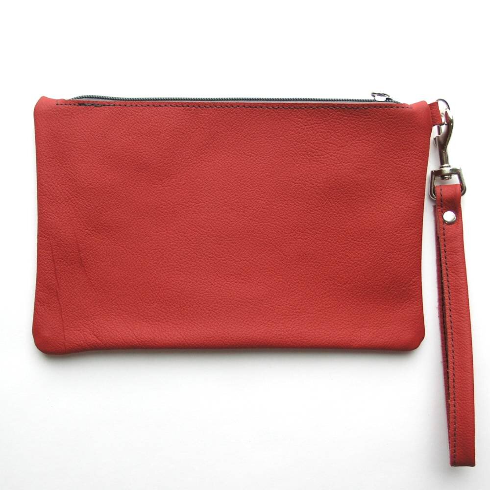 Salvaged Leather Wristlet Clutch / Zip Top Pouch in Fire Red — Kimberly Rose by Zaum. Leather Bags, and Home Decor.