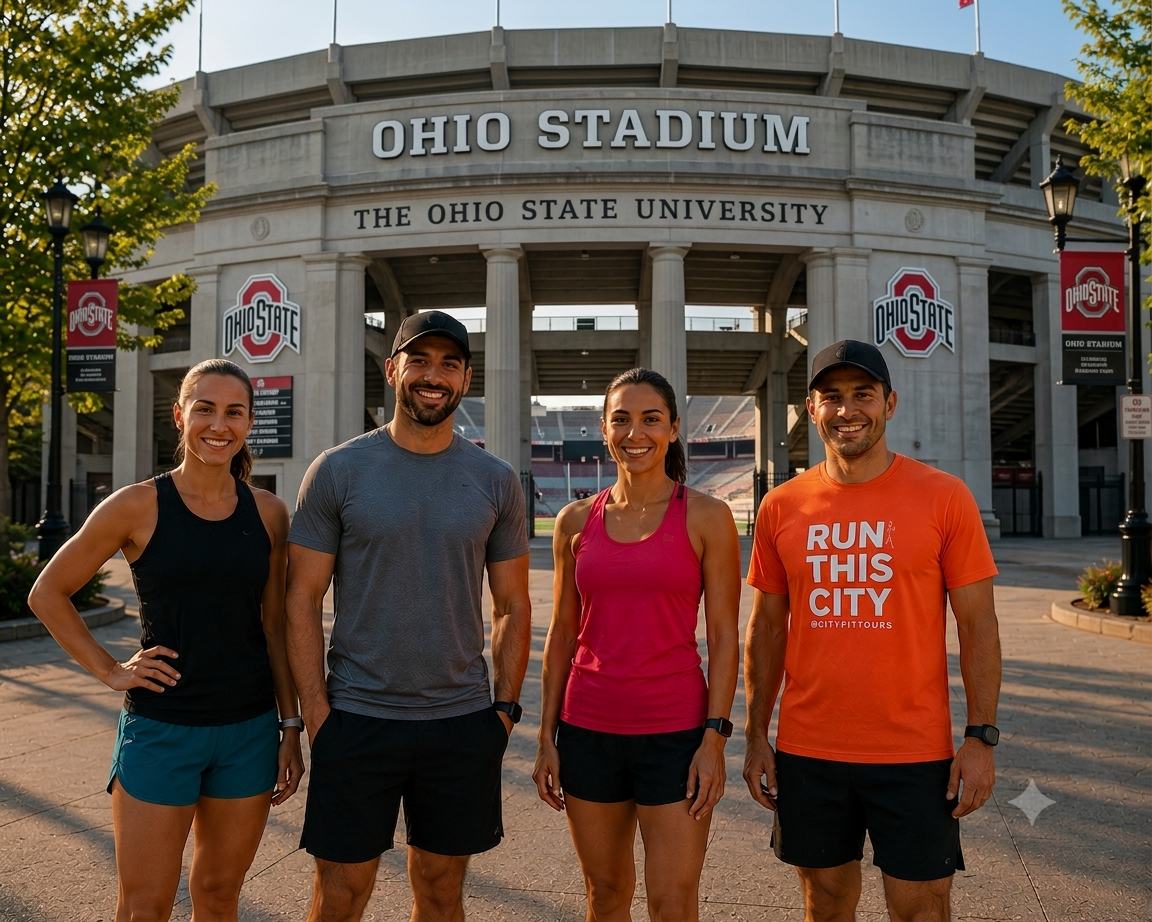 Four runners standing in front of the Ohio Stadium the home of the Buckeyes, smiling, dressed in athletic gear, during early morning or late afternoon.